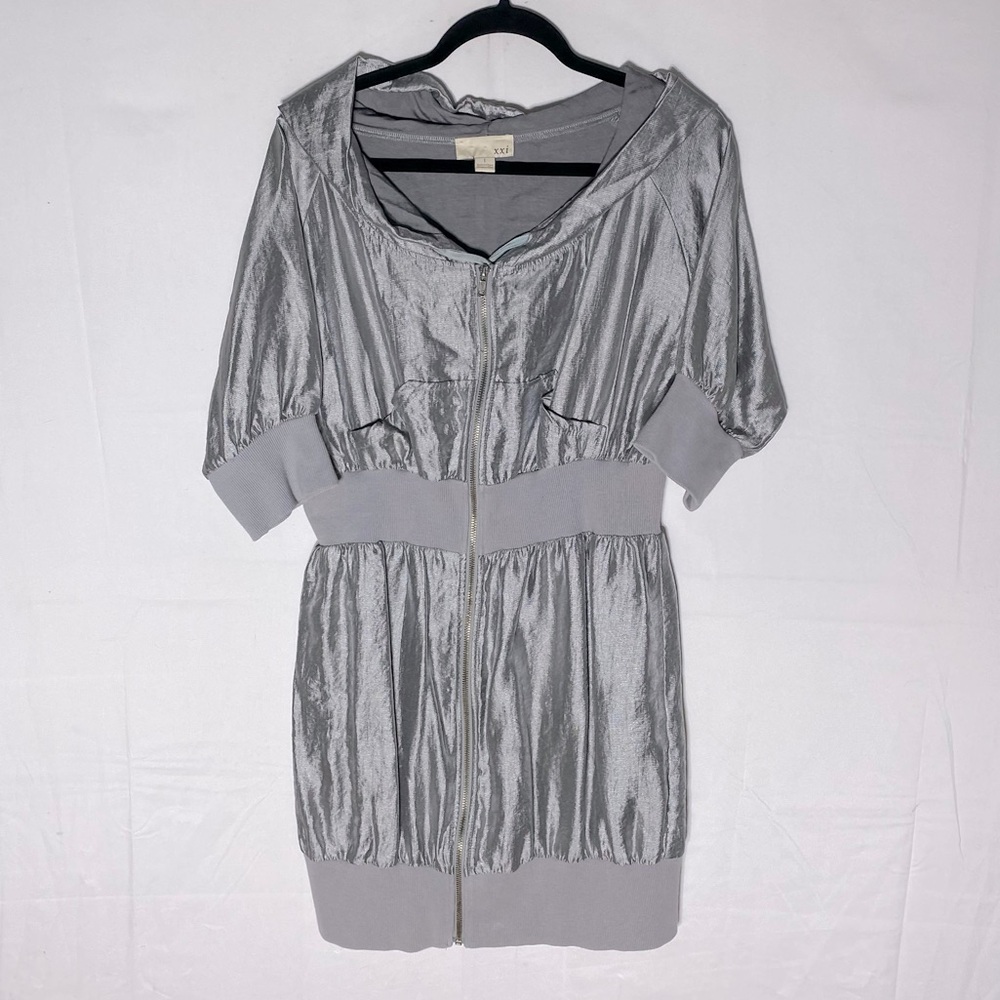 Vintage Y2K Forever 21 Metallic Silver Hooded Zip-Up Mini Dress S